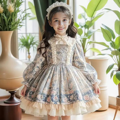 Girls Floral Lolita Dress - Puffy Birthday Princess Gown, Unlined or Fleece-Lined