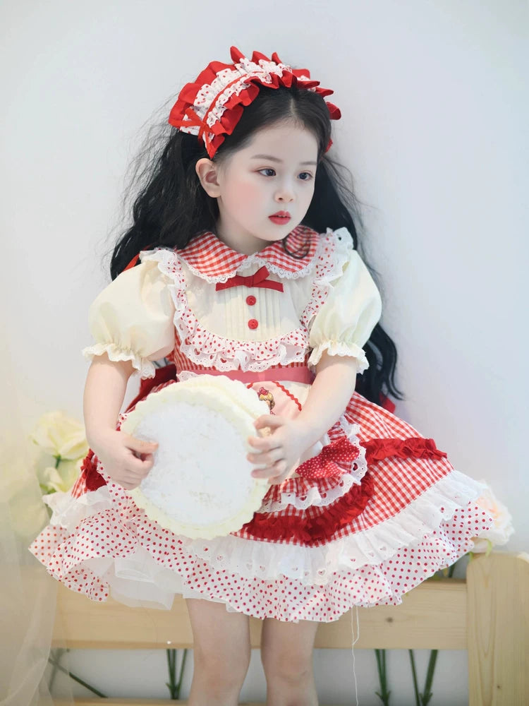 Girls Red-Plaid Lolita Dress - Summer Puffy Princess Dress with Hair Accessory Option