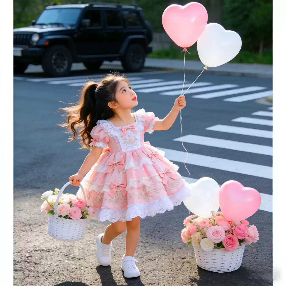 Girls Original-Design Lolita Gown - Pink Embroidered Birthday Princess Dress