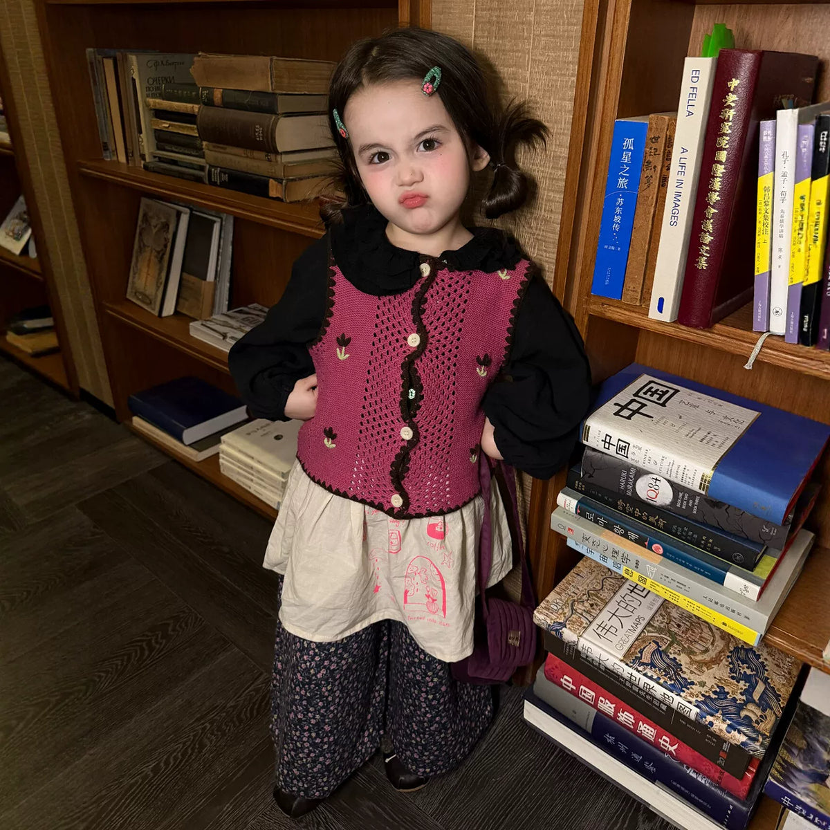 Girls Crochet Vest & Doll-Collar Shirt Set - Autumn Three-Piece