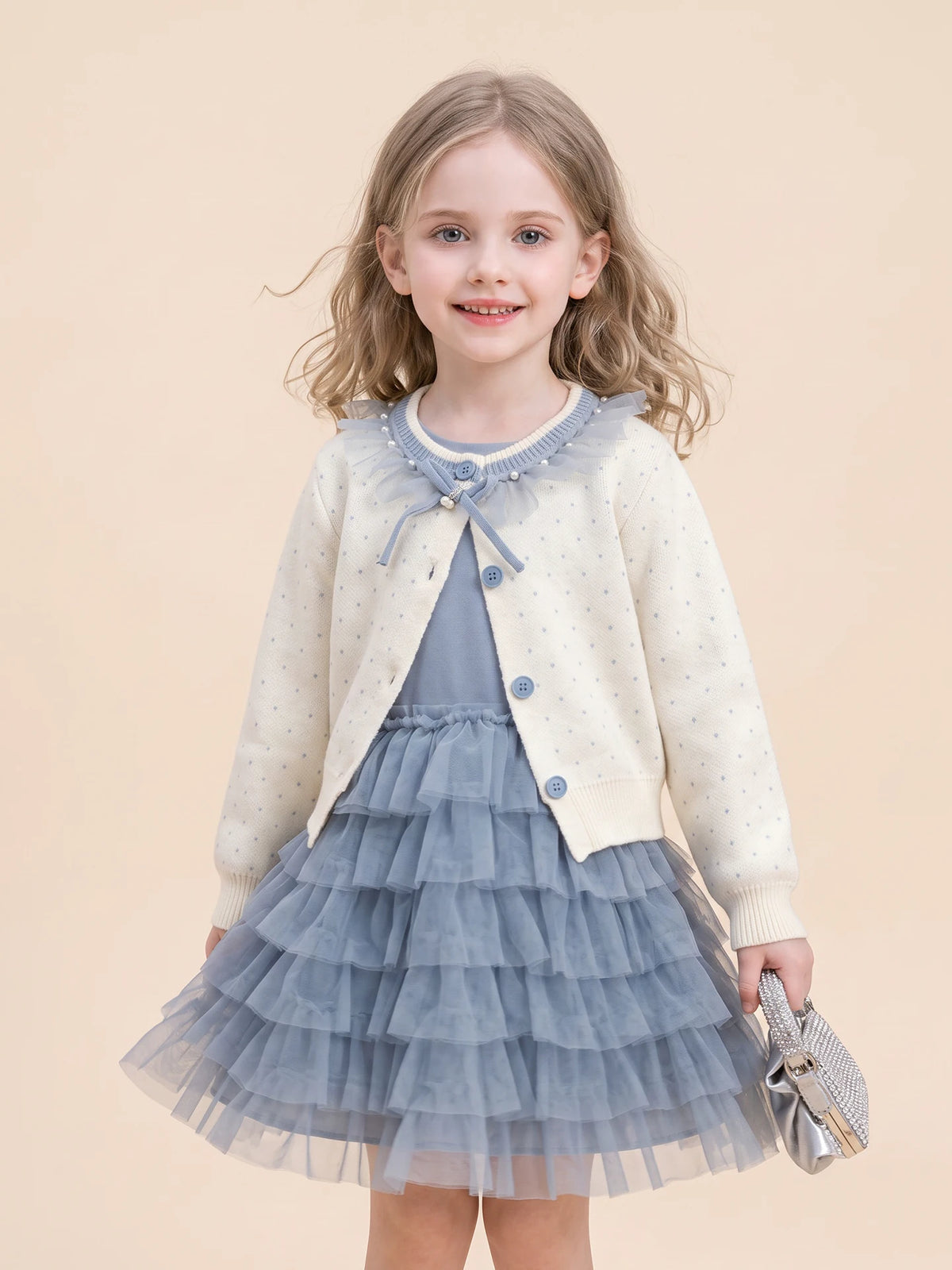 Girls Knit Cardigan & Tulle Skirt Set - Blue Korean Two-Piece