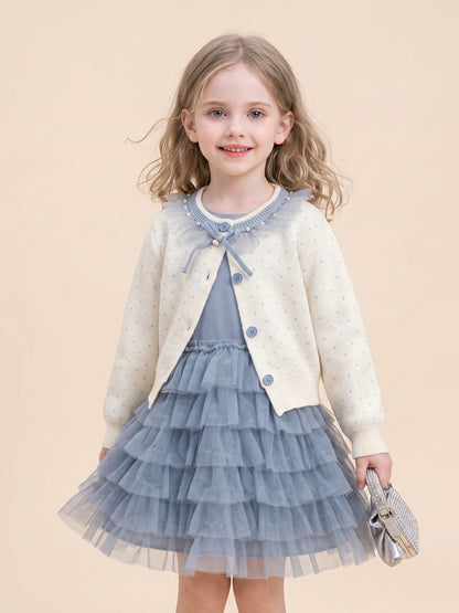 Girls Knit Cardigan & Tulle Skirt Set - Blue Korean Two-Piece