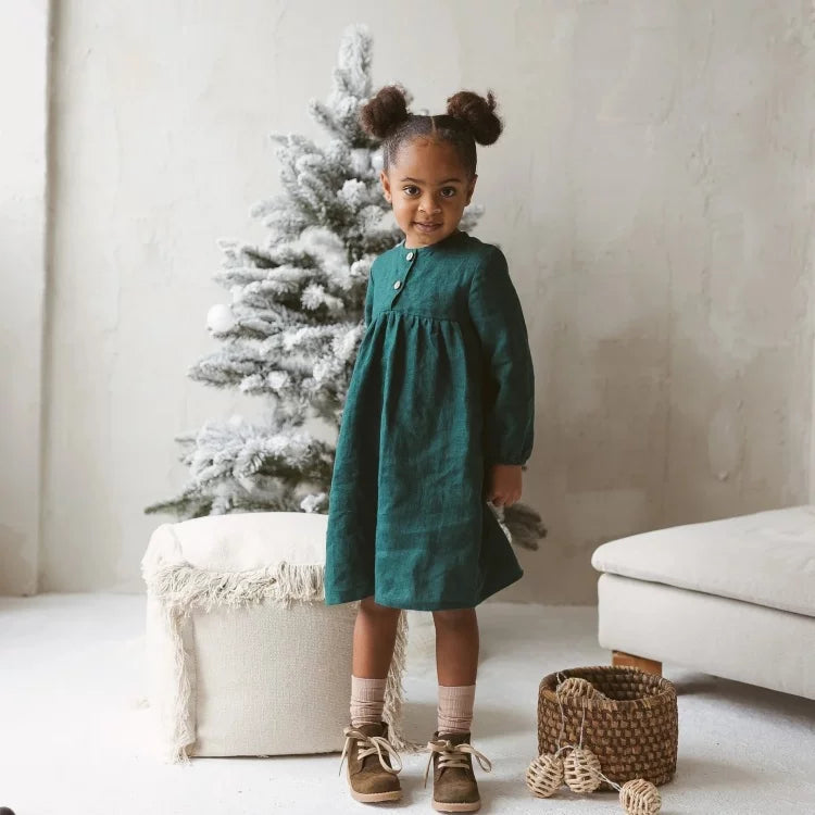 Girls Nordic Linen Dress - Euro-Style Deep Green