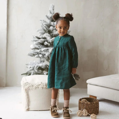Girls Nordic Linen Dress - Euro-Style Deep Green