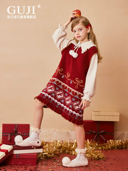 Girls Red Knit Dress - Winter Long Princess Sweater Dress