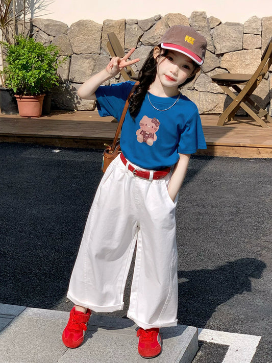 Girls Cartoon Tee & Wide-Leg Pants Set - Summer with Belt