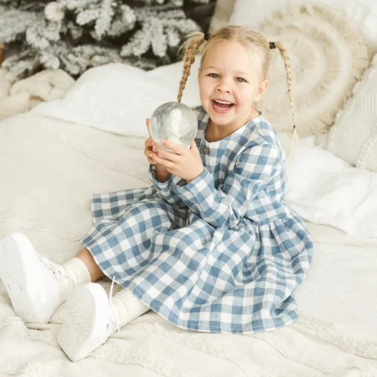 Girls Nordic Linen Dress - Blue-White Gingham Autumn