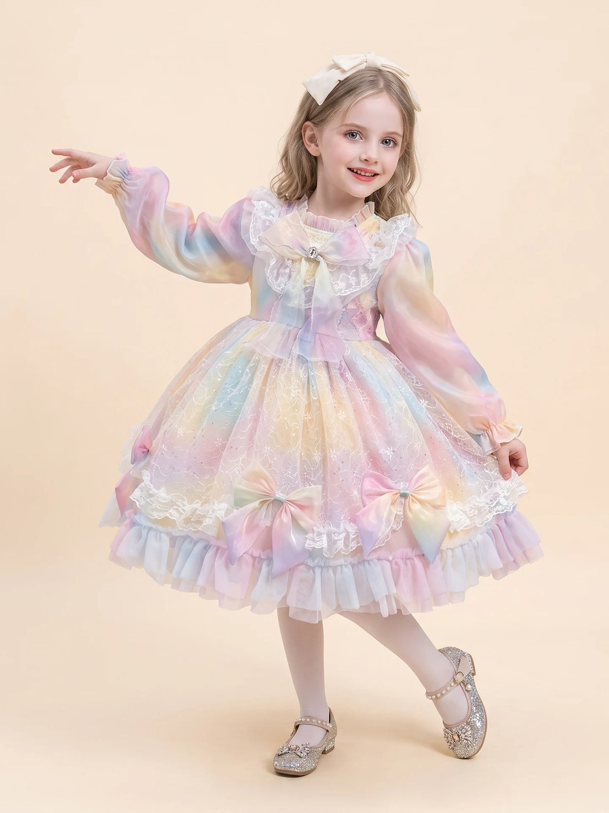 Girls Long-Sleeve Lolita Dress - Puffy Tulle Princess Dress in Pink