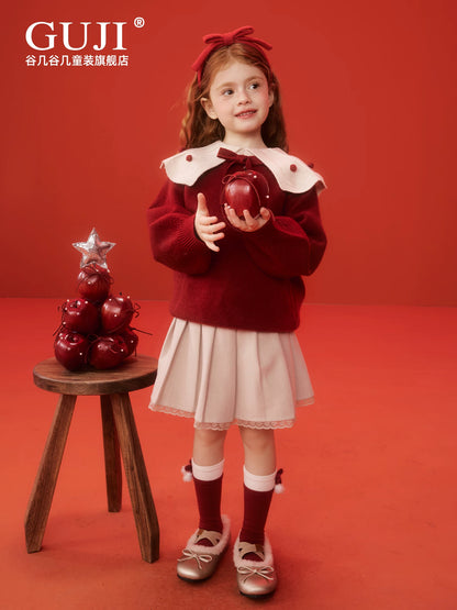 Girls Christmas Collared Sweater - Red Princess Knit Cardigan