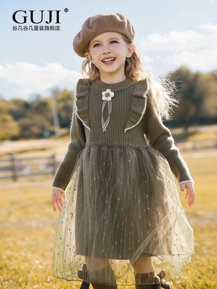 Girls Knit Tutu Sweater Dress - Flower-Accent Princess Dress