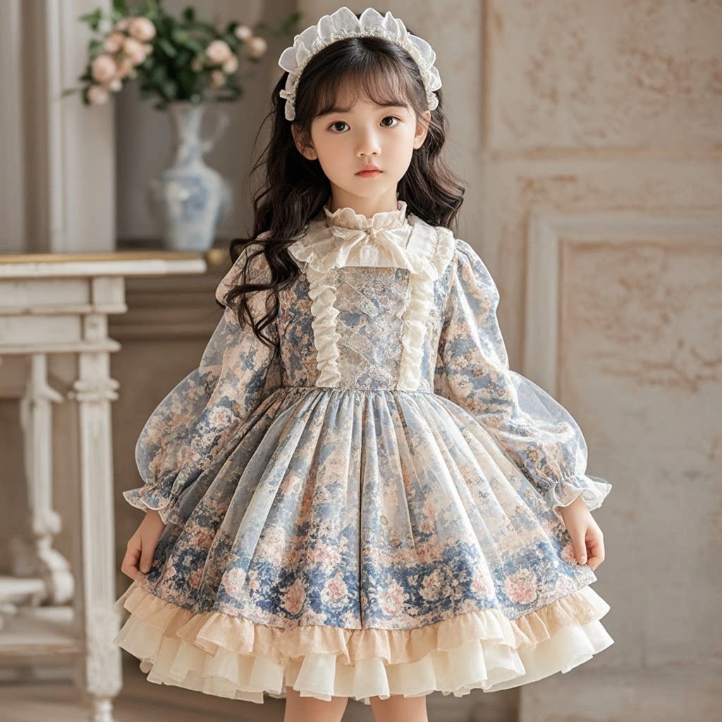 Girls Floral Lolita Dress - Puffy Birthday Princess Gown, Unlined or Fleece-Lined