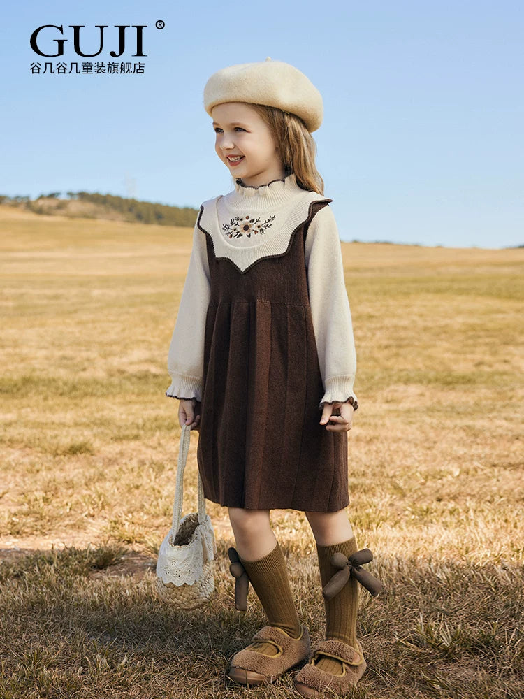 Girls Preppy Princess Sweater Dress - Embroidered Knit Midi, Fleece Options