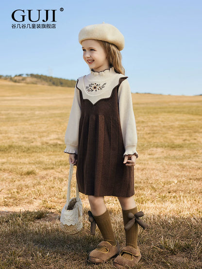 Girls Preppy Princess Sweater Dress - Embroidered Knit Midi, Fleece Options