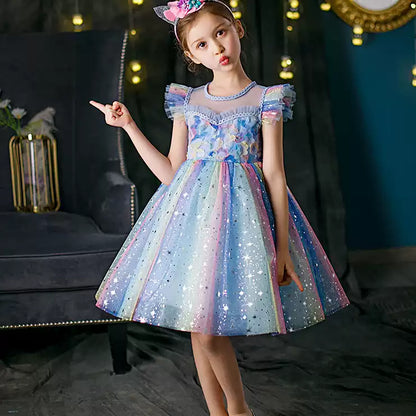 Girls Elsa Rainbow Princess Dress - Puffy Mesh Stage Gown