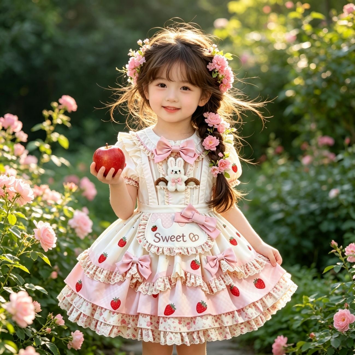 Girls Strawberry Lolita Sundress - Cute Puffy Princess Dress with Hair Accessory