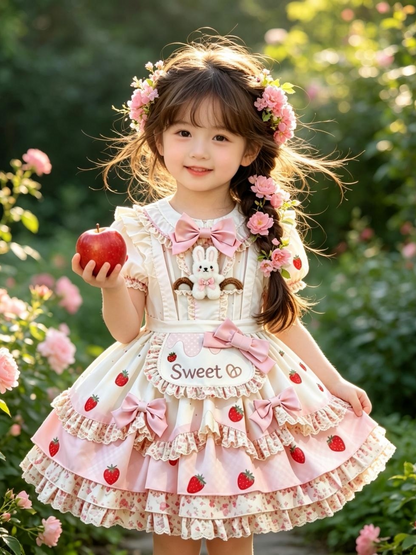 Girls Strawberry Lolita Sundress - Cute Puffy Princess Dress with Hair Accessory