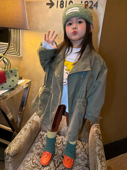 Girls Mid-Length Trench Coat, Top & Leggings Set - Korean Autumn Separates