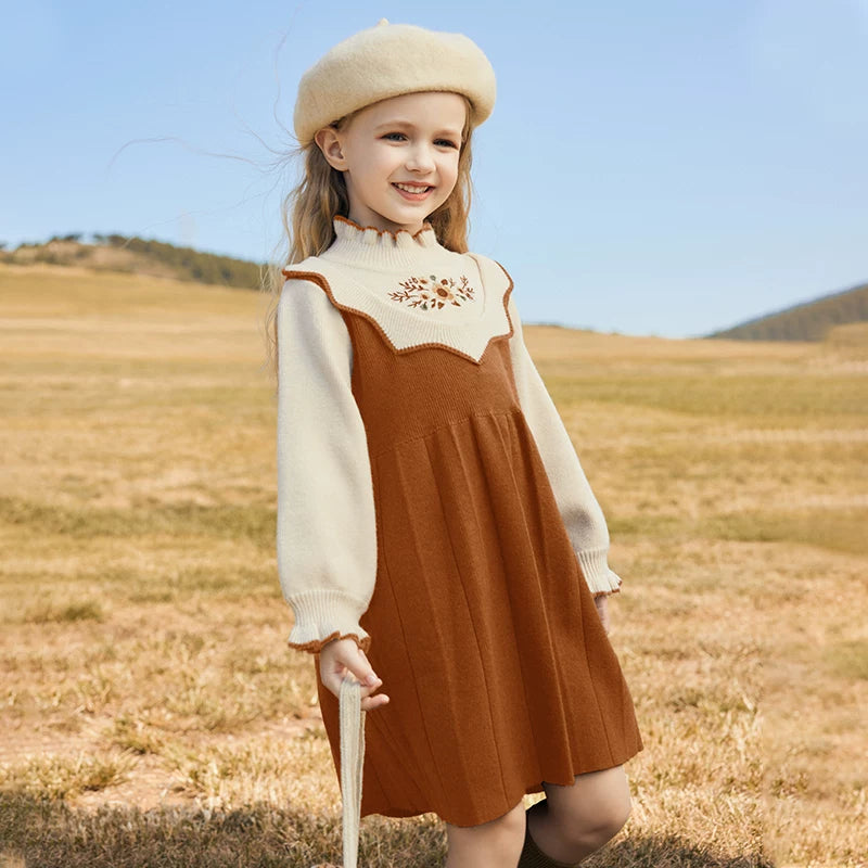 Girls Preppy Princess Sweater Dress - Embroidered Knit Midi, Fleece Options