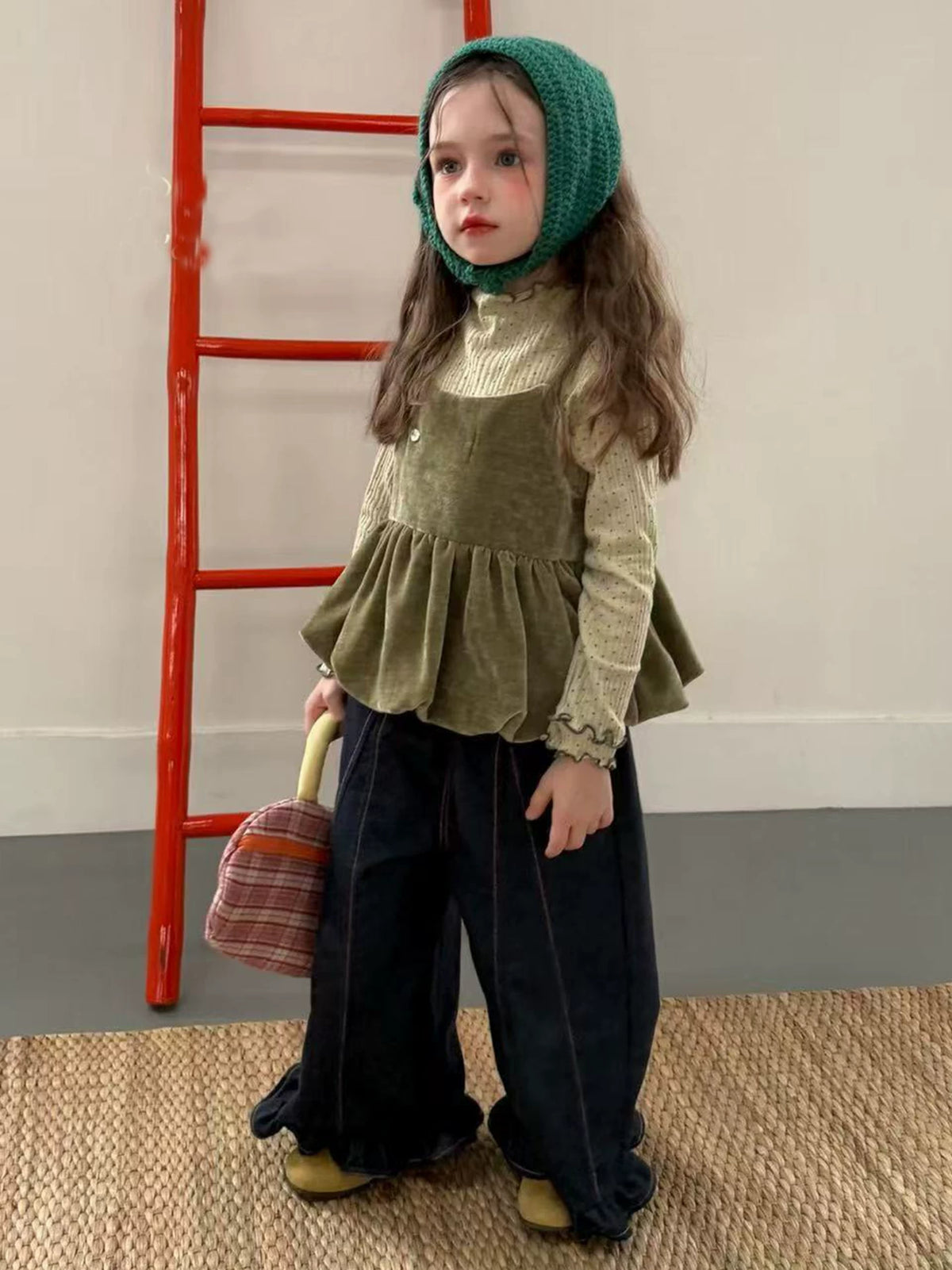 Girls Velvet Cami, Polka-Dot Top & Jeans Set - Forest-Style Autumn Three-Piece