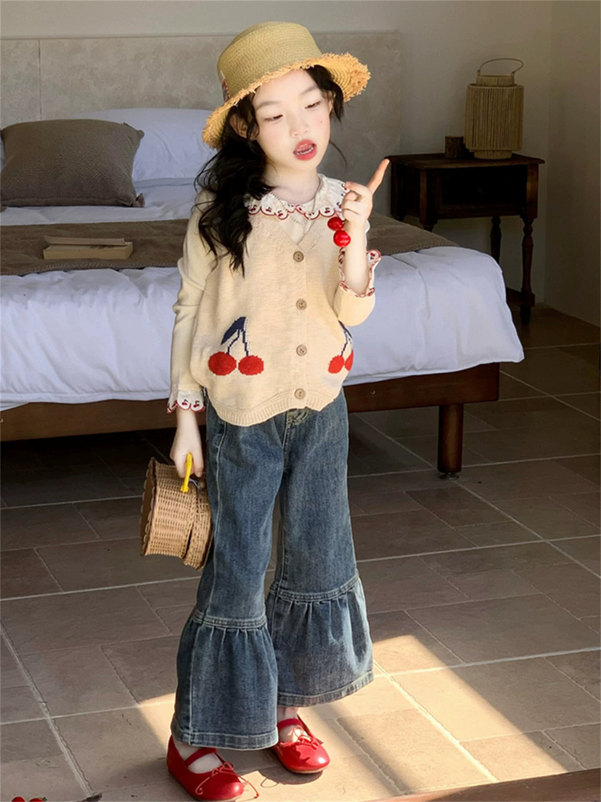 Girls Knit Vest, Tee & Jeans Three-Piece Set - Cherry Print Autumn Separates