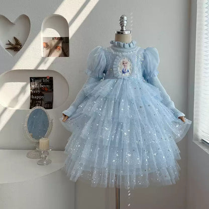 Girls Elsa-Blue Cake Dress - Fleece-Lined Birthday Princess Gown