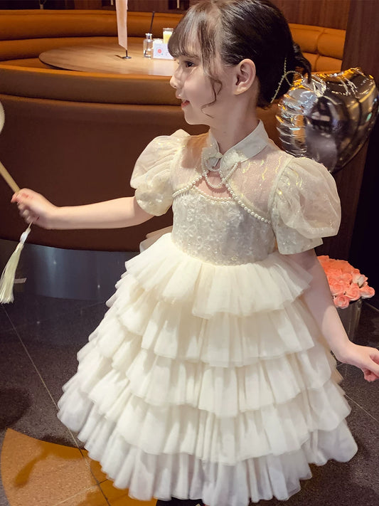 Girls Tulle Cake Dress - Puffy Princess Gown in Apricot