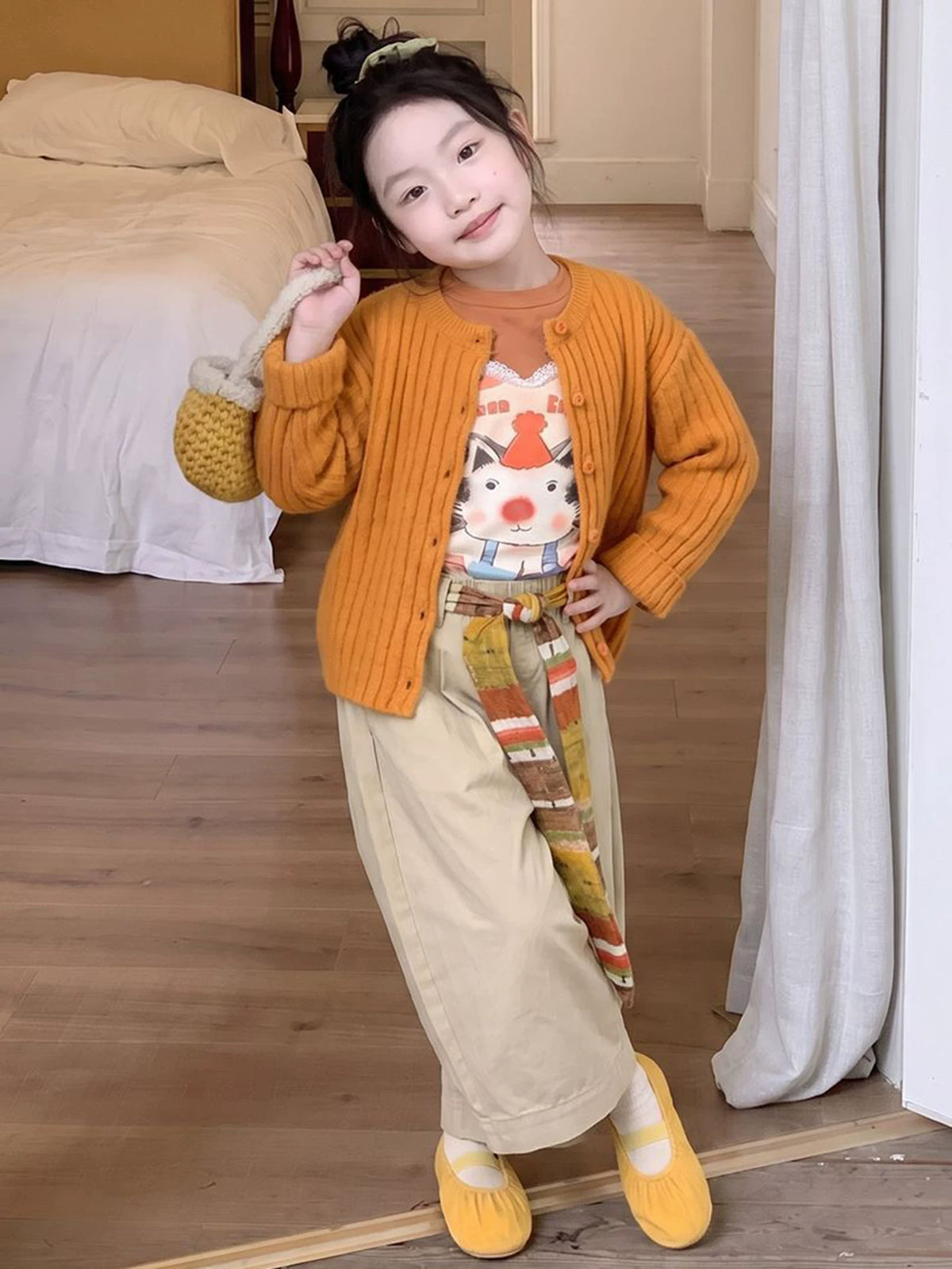 Girls Dopamine Knit Cardigan, Cartoon Tee & Casual Pants Set - Colourful 3-Piece