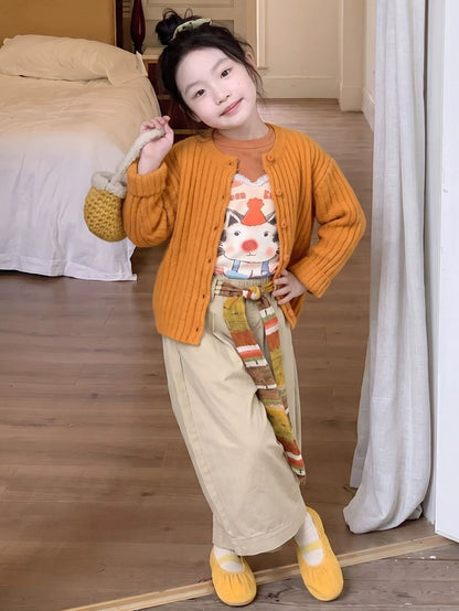 Girls Dopamine Knit Cardigan, Cartoon Tee & Casual Pants Set - Colourful 3-Piece