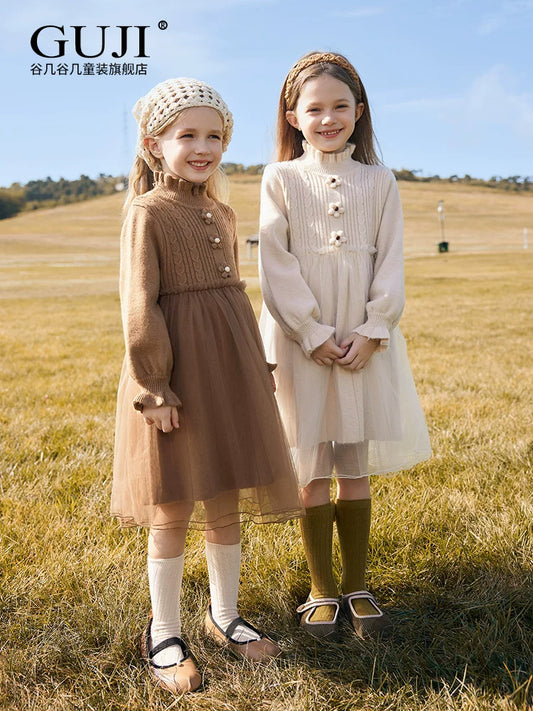Girls Princess Tulle Sweater Dress - Midi Knit Gown with Mesh Skirt