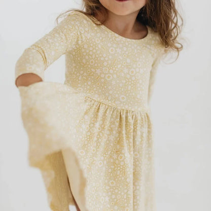 Girls Nordic Linen Dress - Yellow Floral Long-Sleeve