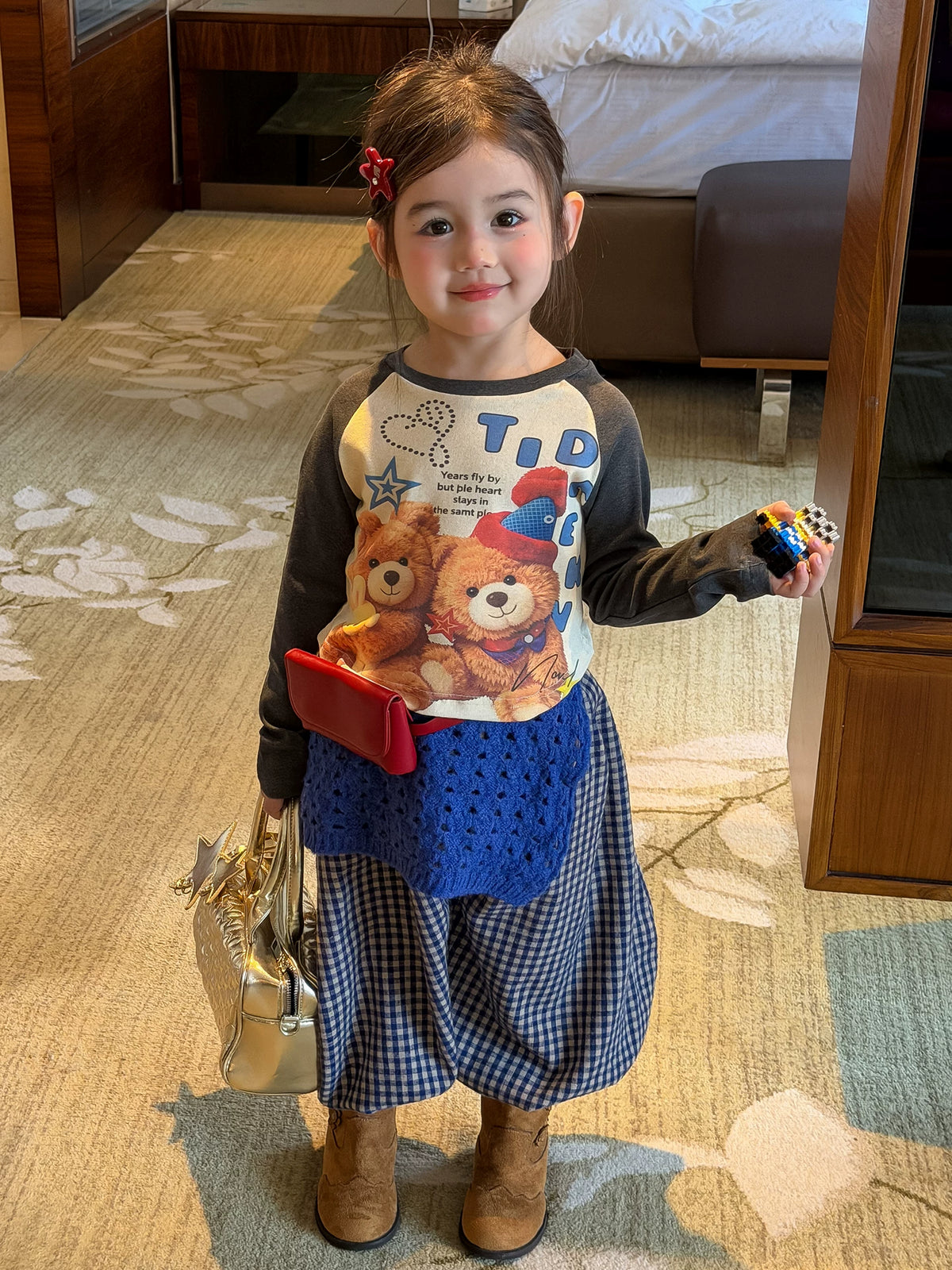 Girls Bear Print Tee & Plaid Pants Set - Autumn Two-Piece