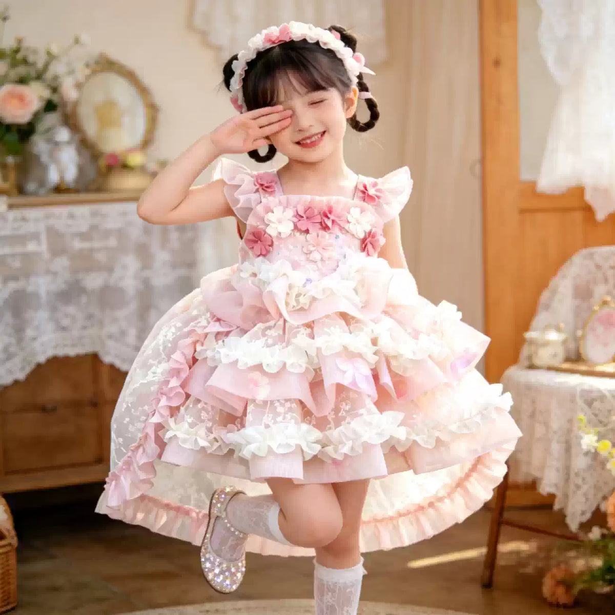 Girls Flower-Fairy Couture Lolita Dress - Puffy Birthday Princess Gown with Train Options