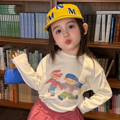 Girls Cartoon Print Tee & Skirt-Panel Pants Set - Korean Autumn Two-Piece