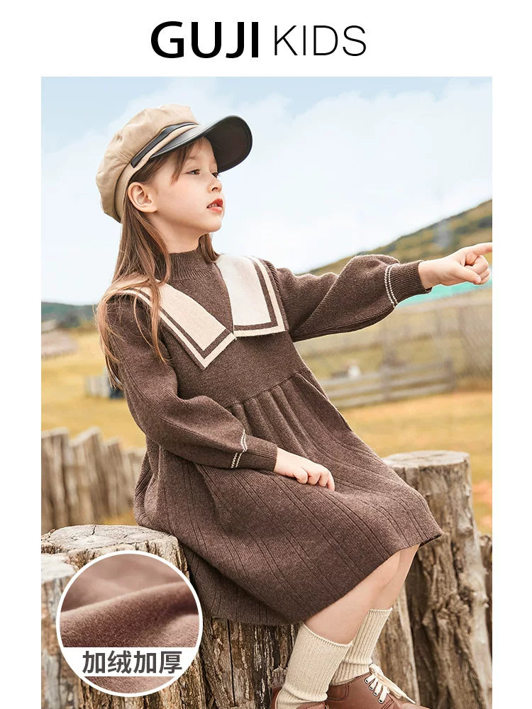 Girls Fleece-Lined Knit Dress - Preppy Princess Sweater Dress