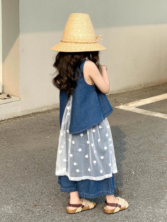 Girls Denim Vest & Wide-Leg Pants Set with Mesh Skirt - Summer Layering