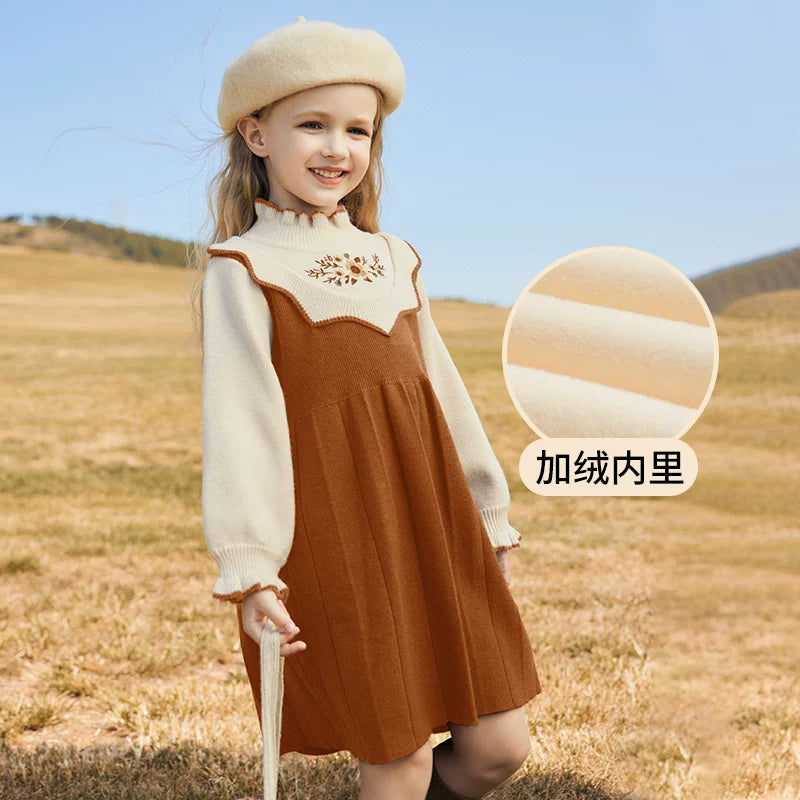 Girls Preppy Princess Sweater Dress - Embroidered Knit Midi, Fleece Options