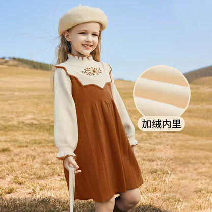 Girls Preppy Princess Sweater Dress - Embroidered Knit Midi, Fleece Options