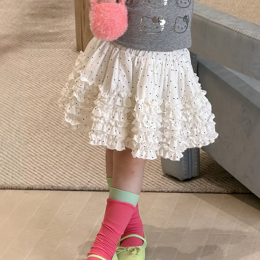 Girls Cartoon Cat Tee & Polka Dot Cake Skirt Set - Summer