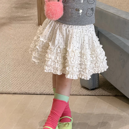 Girls Cartoon Cat Tee & Polka Dot Cake Skirt Set - Summer