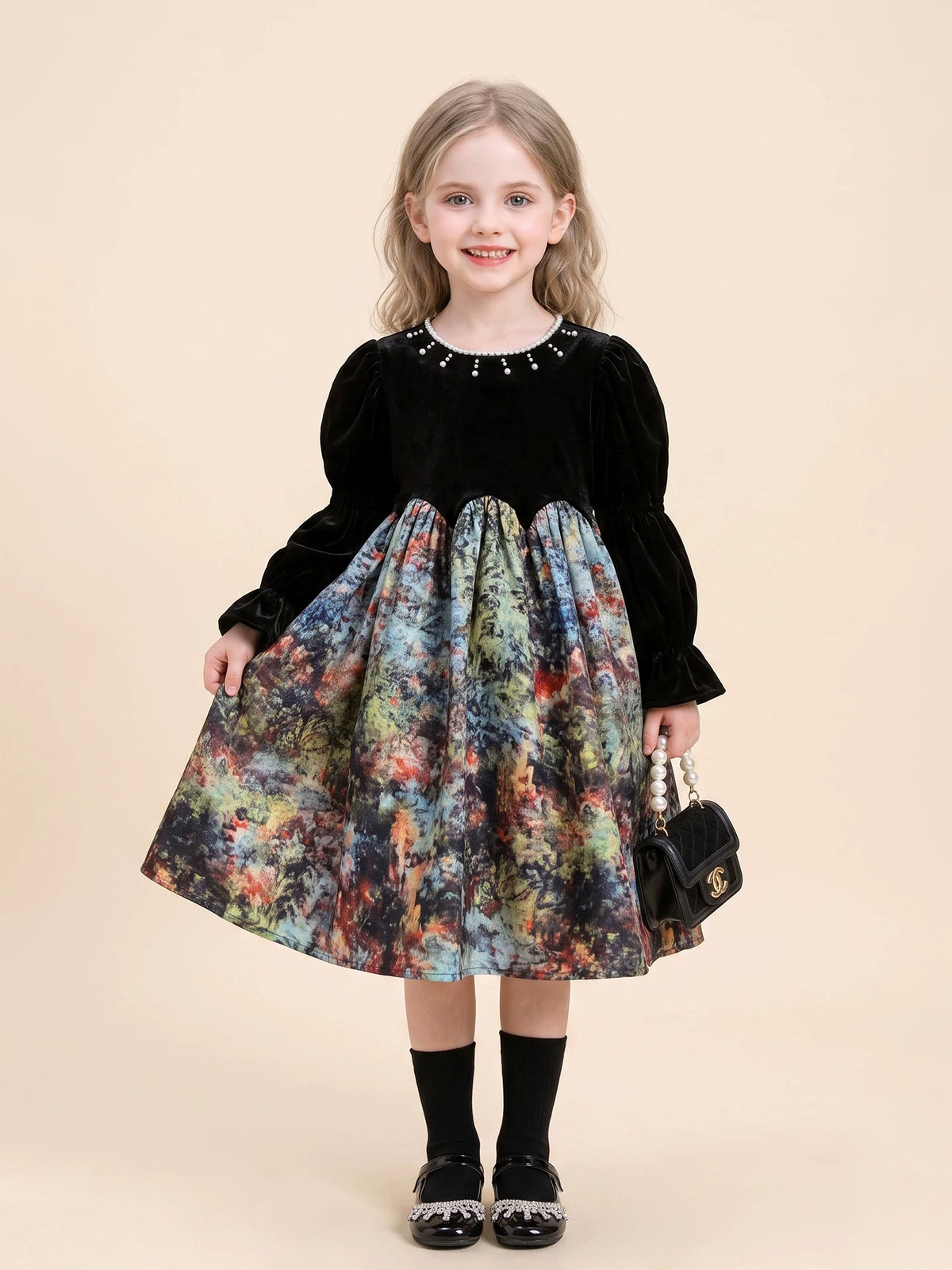Girls long-sleeve velvet princess dress, side view