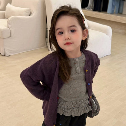 Girls Knit Cardigan, Base Layer & Wool Shorts Set - Autumn