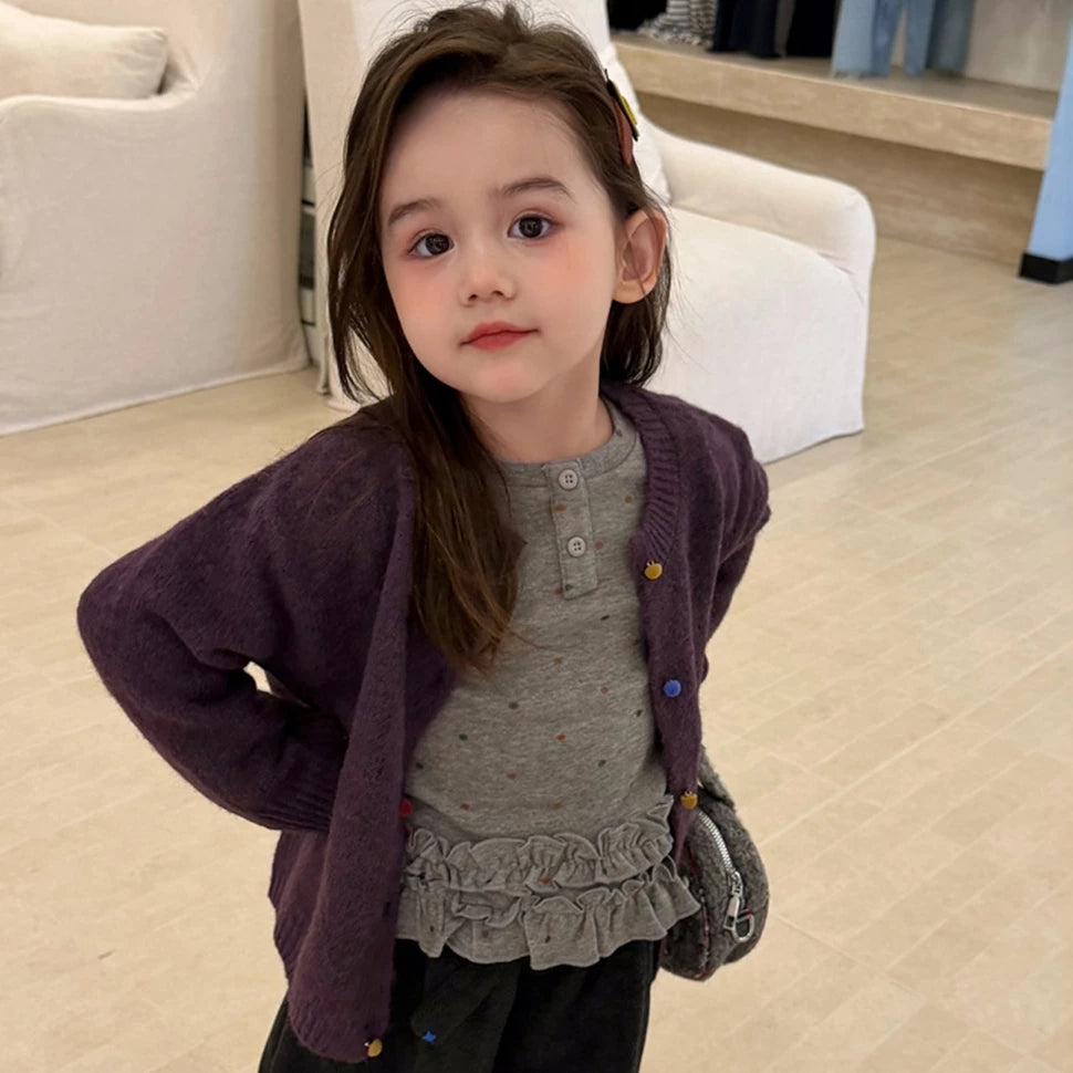 Girls Knit Cardigan, Base Layer & Wool Shorts Set - Autumn