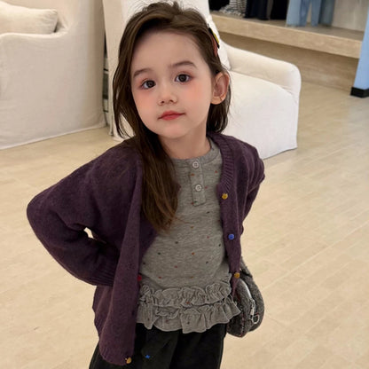Girls Knit Cardigan, Base Layer & Wool Shorts Set - Autumn