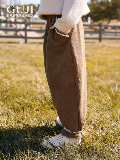 Girls Fleece-Lined Corduroy Joggers - Ruffle-Cuff Warm Pants