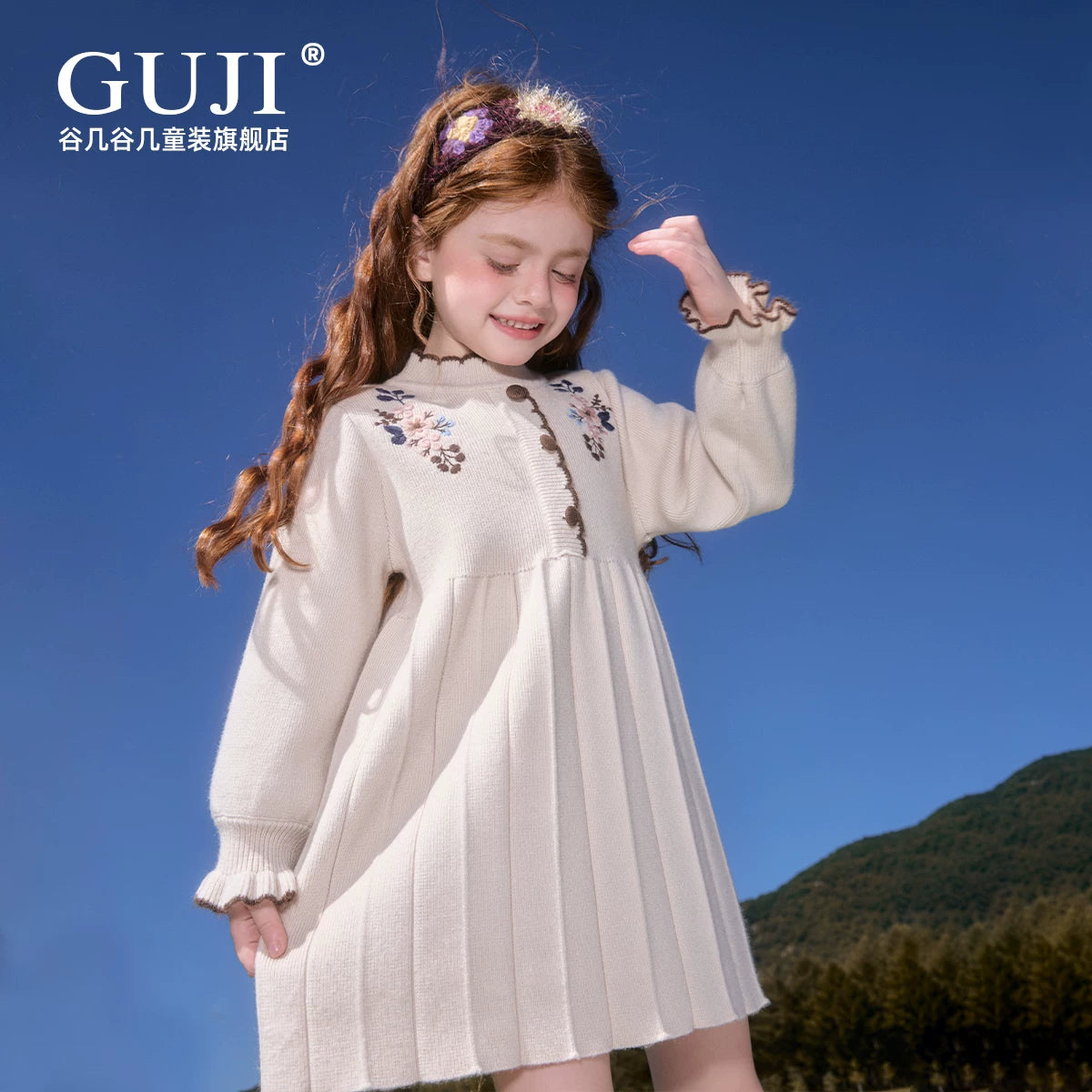 Girls Knit Princess Dress - Embroidered Autumn Long-Sleeve Gown