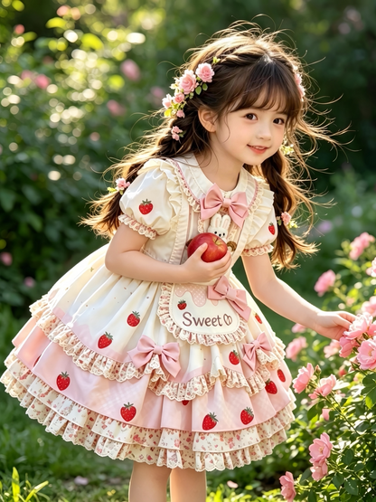 Girls Strawberry Lolita Sundress - Cute Puffy Princess Dress with Hair Accessory