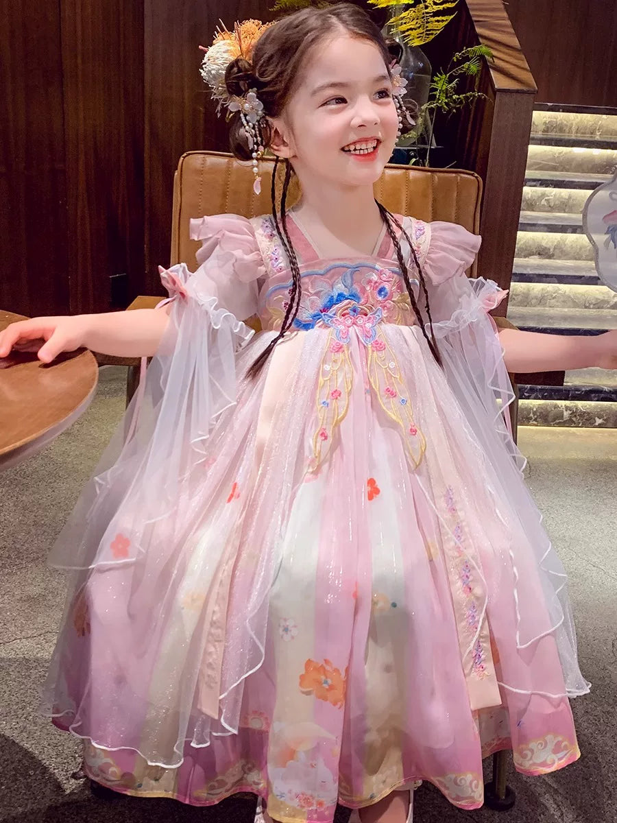 Girls Hanfu-Style Dress - Mesh-Panel National-Style Princess Gown