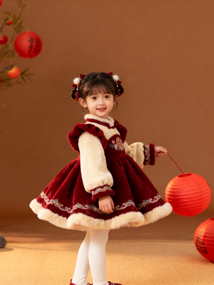 Girls Flutter-Sleeve New-Year Lolita Dress - Fuzzy Puffy Birthday Princess Gown