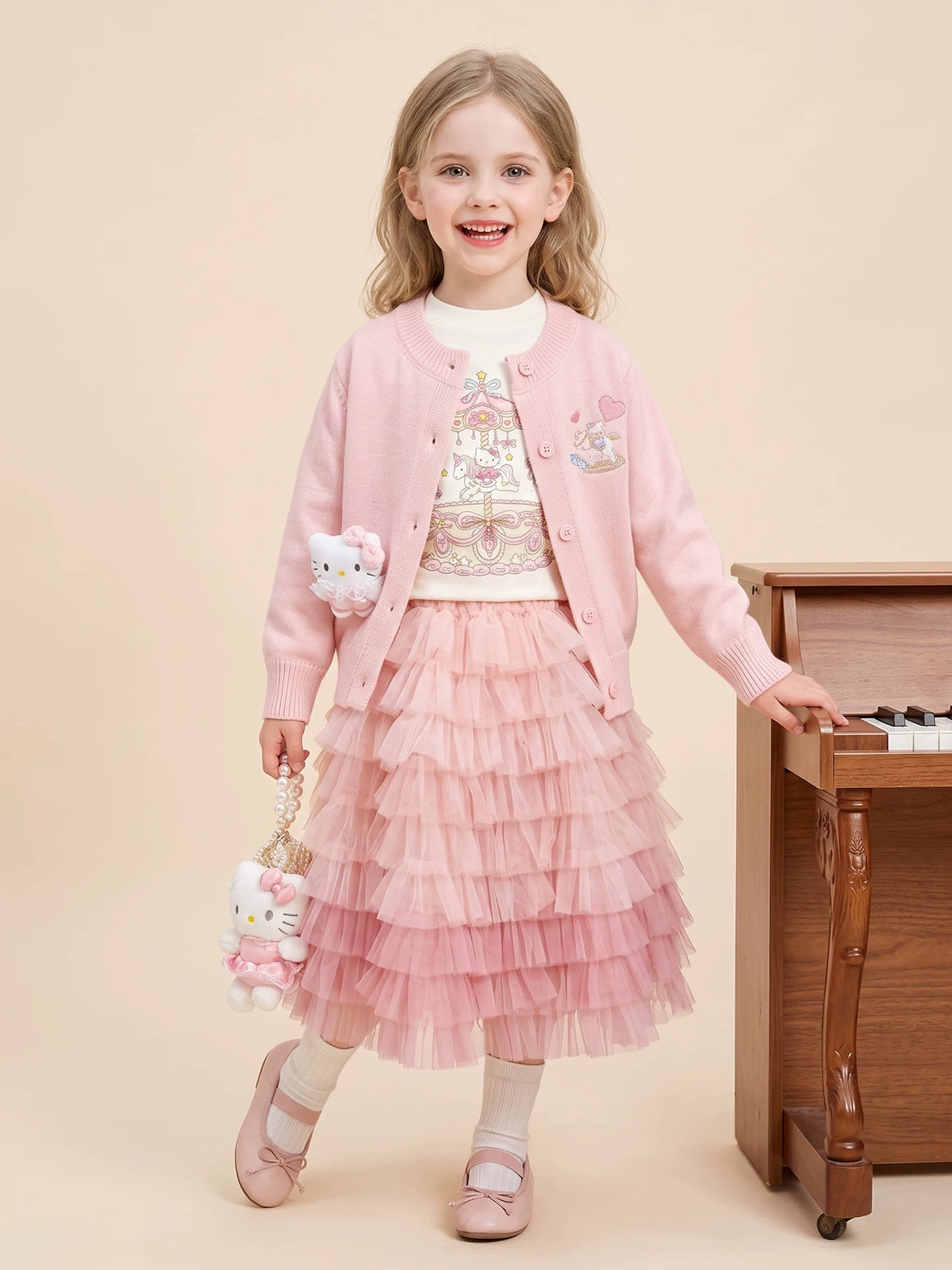 Girls Cartoon Cardigan Three-Piece Set - Knit Top & Tiered Skirt