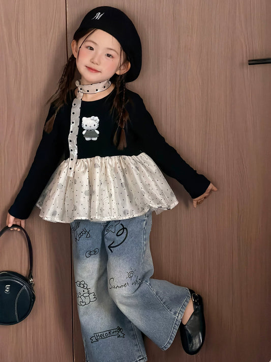 Girls Mesh-Panel Kitty Top & Jeans Set - Sweet Autumn Two-Piece